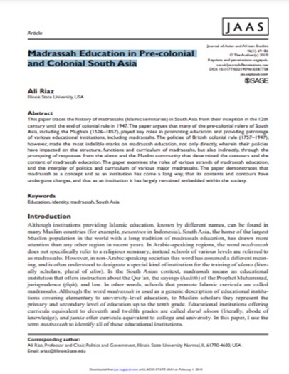 Madrassah Education in Pre-colonial and Colonial South Asia