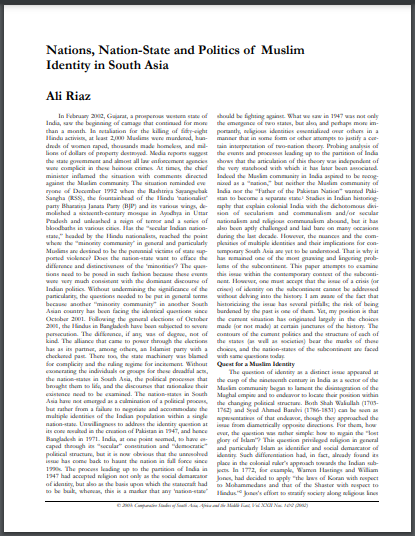 Nations, Nation-State and Politics of Muslim Identity in South Asia.