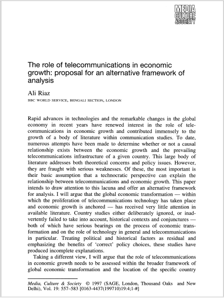 The Role of Telecommunication in Economic Growth: Proposal for an Alternative Framework of Analysis 