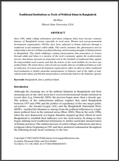 Traditional institutions as tools of political Islam in Bangladesh: Salish and Fatwa.